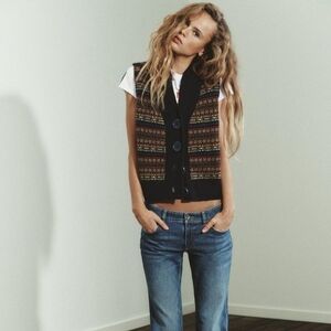 NWT Zara Fair Isle Jacquard Knit Wool Button-front Vest In Black - M